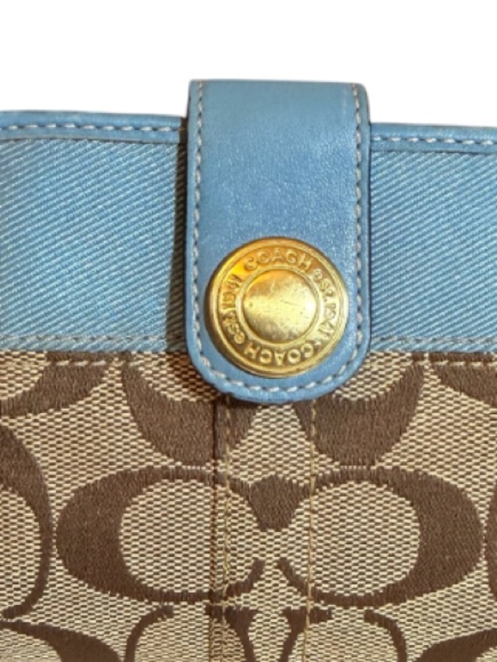 Coach Khaki Signature Blue Strim Leather Zip-Around Credit Card Wallet - Picture 6 of 13